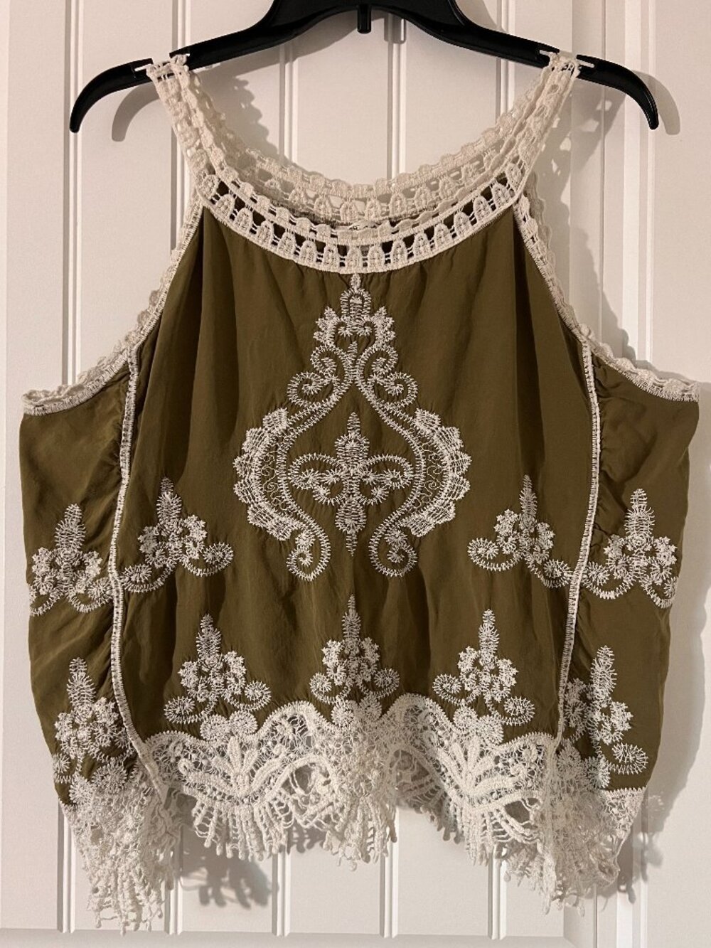 Ultra Pink Olive Green Embroidered Coastal Cowgirl Top Crochet Lace XL